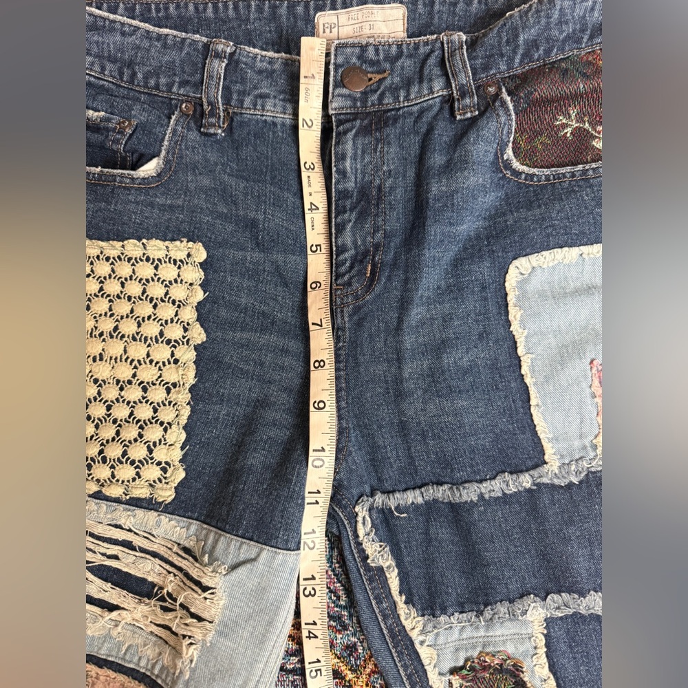 Free People Patchwork Plaid Tapestry Distressed Blue Jeans Boho Frayed Grunge - Picture 8 of 9